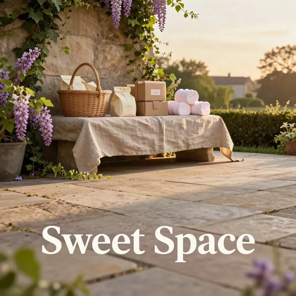 Stone terrace with linen bench, lilac blooms, and elegant sweet hampers at sunset.