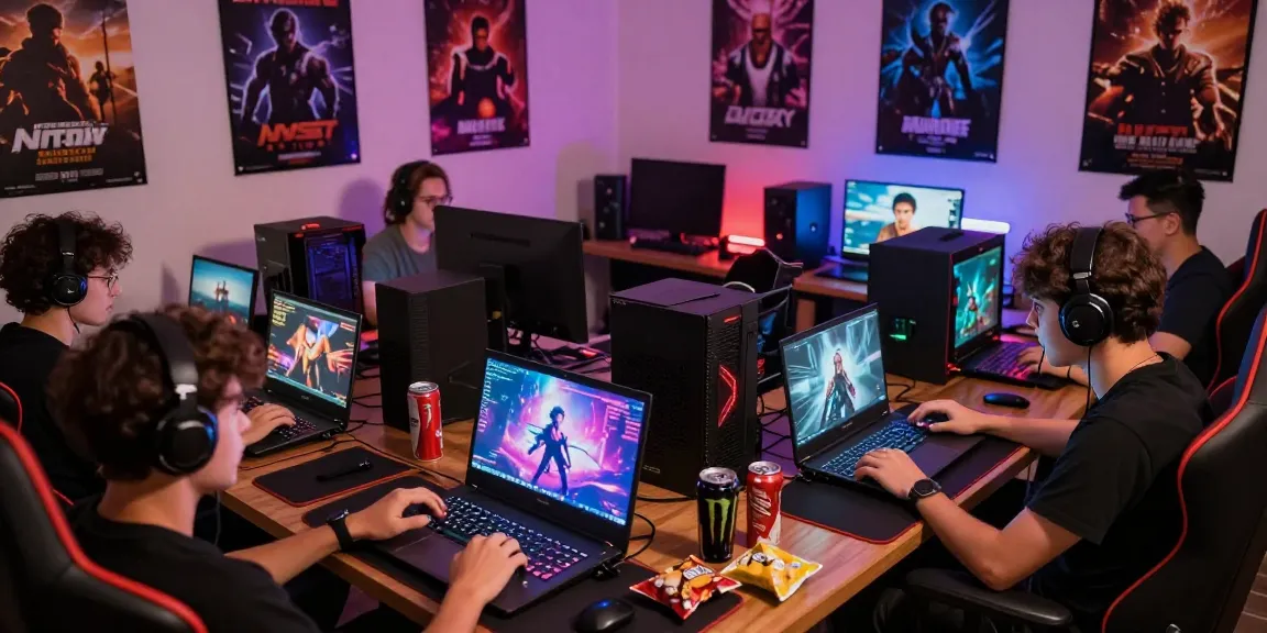 Players enjoying free porn games in a vibrant gaming room with colorful screens.