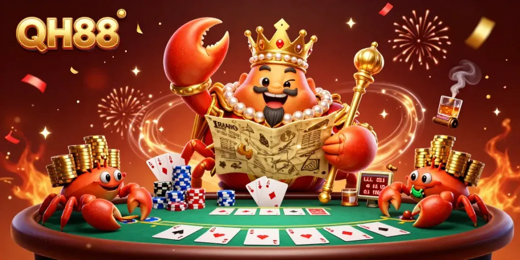 Experience excitement at QH88 Casino with a vibrant golden crab emperor and a lavish poker scene.