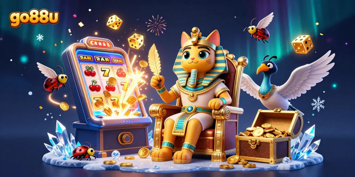 Discover the vibrant go88u gaming experience with a jackpot explosion and pharaoh cat in a captivating casino scene.