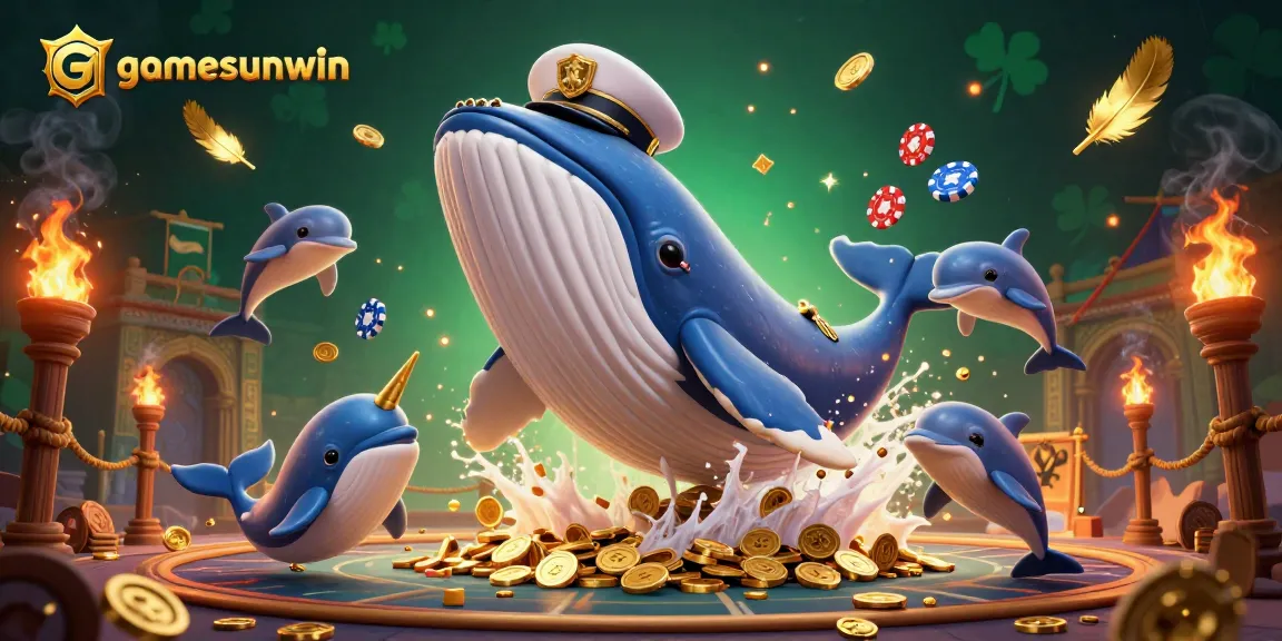 Engage in thrilling gaming at gamesunwin with a vibrant 3D scene of a whale, narwhal, and dolphins