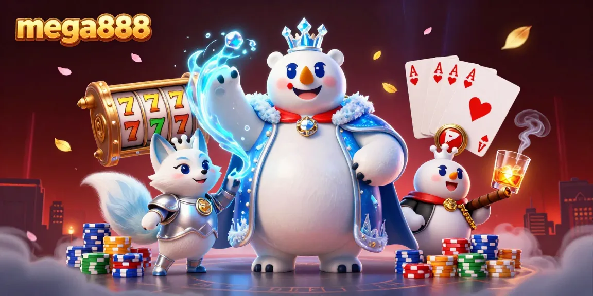 Experience thrilling gameplay with mega888's exciting slots and vibrant characters in a stunning casino scene.