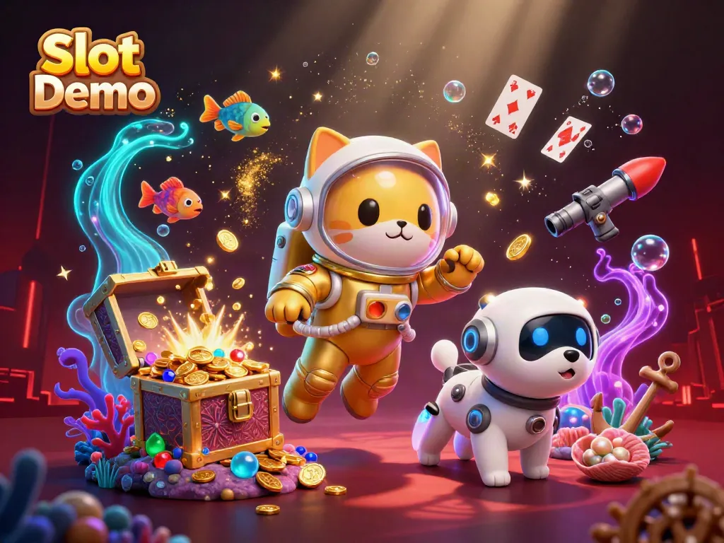 Play interactive Slot Demo with vibrant 3D cat astronaut, robot dog, and explosive gold treasures.