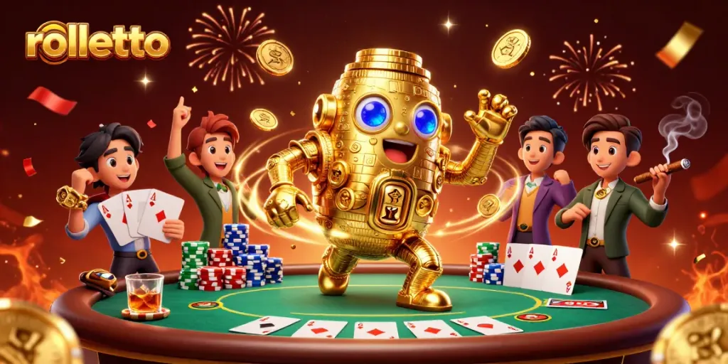 Engage with rolletto casino excitement featuring golden golem, poker elements, and festive atmosphere.