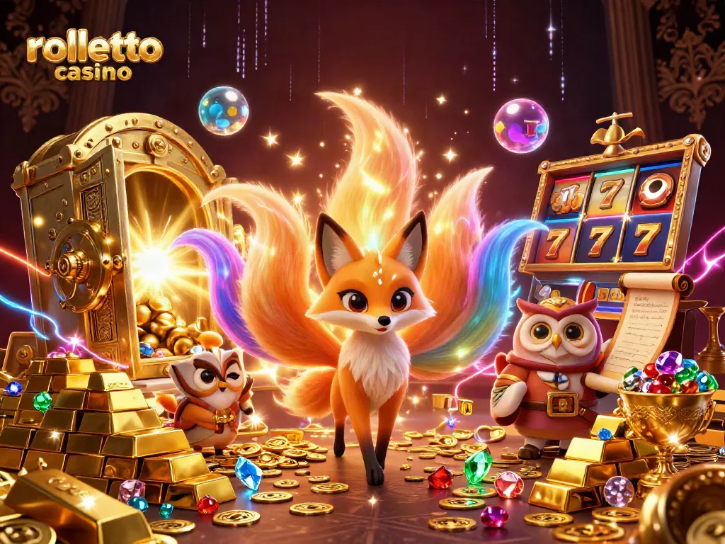 Experience the vibrant rolletto casino scene featuring magical characters, treasures, and slots.