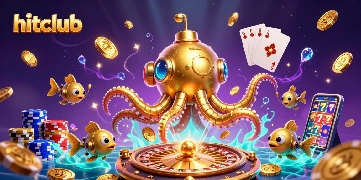 Engage with the hitclub experience featuring dynamic golden kraken submarine amidst casino elements.