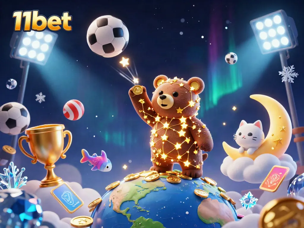 Engage with 11bet's festive casino scene showcasing stars, coins, and sports elements.