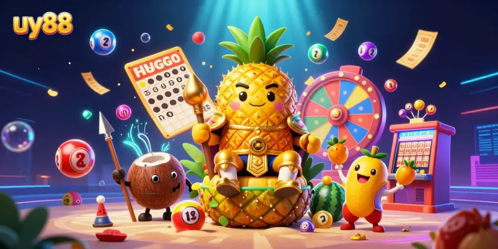 Experience the excitement of uy88 with a vibrant casino scene featuring a pineapple king and lively elements.