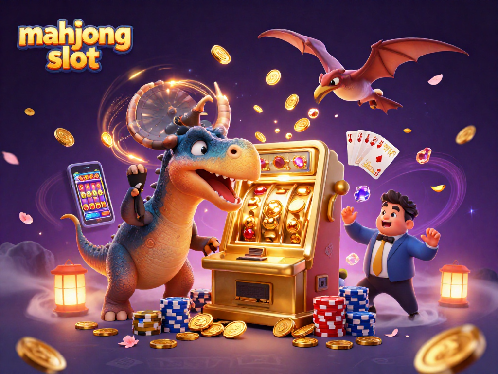 Experience mahjong slot excitement with animated characters, vibrant gold coins, and casino elements.