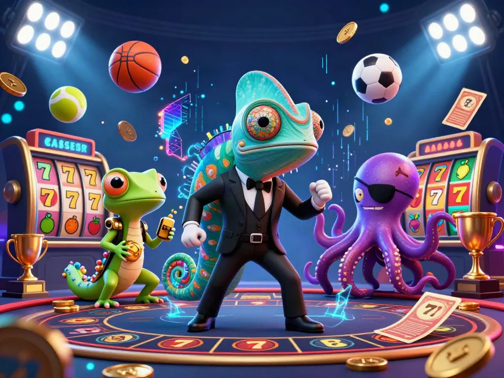 Zowin enhances the casino experience with a vibrant gambling scene featuring a colorful chameleon, gecko, and octopus.