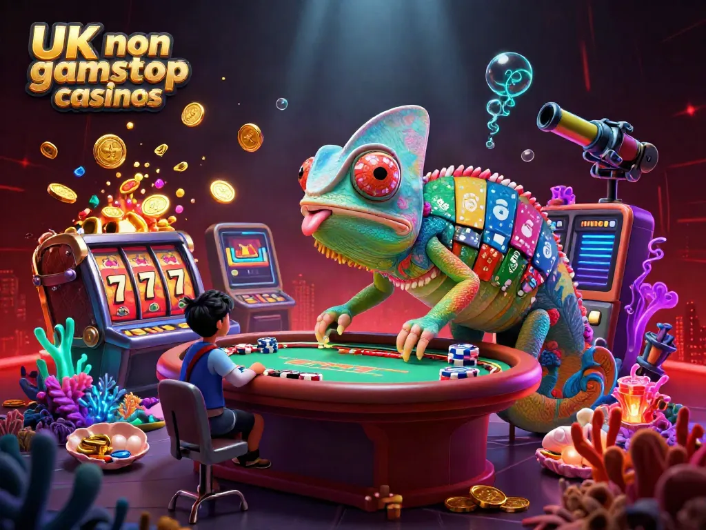 Engage with UK non gamstop casinos in a vibrant 3D underwater scene featuring a colorful chameleon owner.