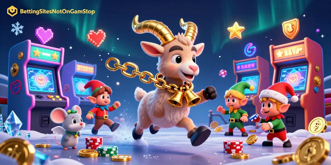 Engage with Visa betting across top sites not on GamStop, featuring vibrant casino elements and festive characters.