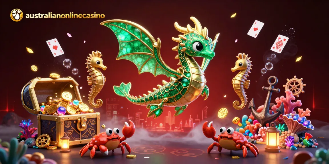 Experience the vibrant world of australianonlinecasino with a 3D sea dragon amidst treasures and games.