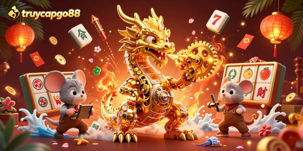 Experience the thrill of truycapgo88 with a vibrant 3D illustration featuring a golden dragon alongside exciting casino elements.