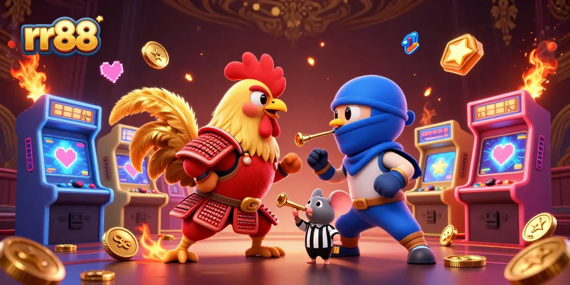 Engage with thrilling cockfighting action in rr88's dazzling casino scene featuring vibrant characters.